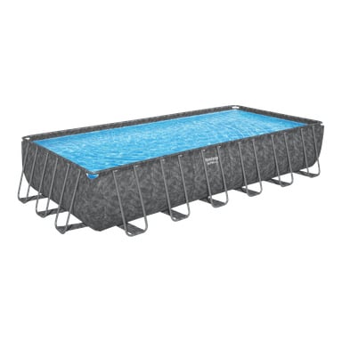 Bestway Pool APX365 er et stort rektangulært basseng over bakken med en grå teksturert stålramme, klart blått vann og metallben.