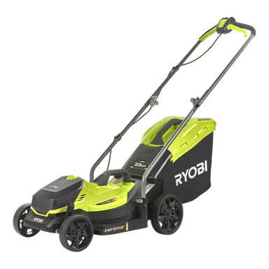 En grön och svart Ryobi One+ batteridriven gräsklippare, modell "OLM1833B-0", med en gräspåse bak, stora bakhjul och ett tryckhandtag.