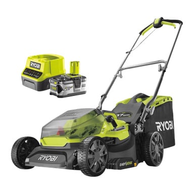 Ryobi One+ RY18LM37A-140 batterigressklipper i grønt og svart, EasyEdge-etikett, sammenleggbart håndtak, gresspose, batteri, lader.