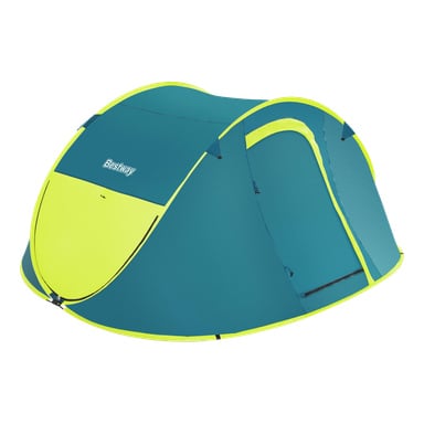 Bestway Cool Mount 4-tältet för fyra, i teal och limegrönt, har en dörr med dragkedja, fönster och logotypen på frontpanelen.