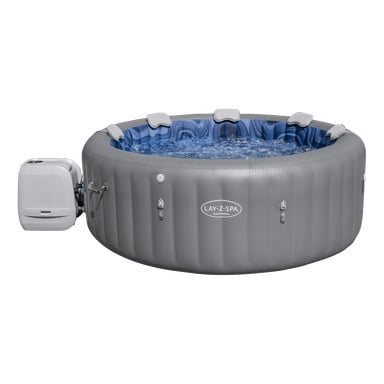 Det grå Bestway LAY-Z-SPA Santorini Max Hold oppblåsbart boblebad har boblende vann, fire polstrede nakkestøtter og en sidekontrollenhet.