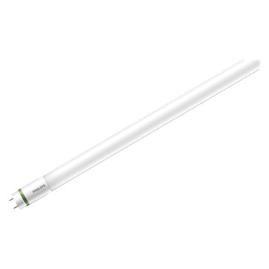 Et Philips Tube T8 LED UltraEfficient lys med metallpinner i begge ender. Philips-logoen er synlig nær den ene enden av røret.