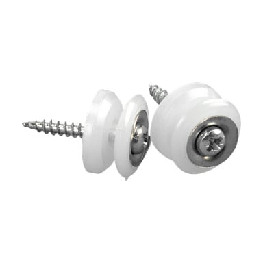 Zwei Hard Head Cord Lock-Schrauben sind ausgestellt, jeweils aus weißem Nylon mit Metallscheiben und Kunststoffabstandshaltern. Die Kreuzschlitzschrauben sind in leicht schrägen Verhältnissen zueinander angeordnet. Jedes Paket enthält zwei Schrauben.