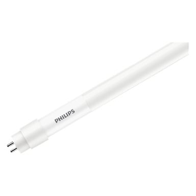 Ett Philips T5 LED-rör visas med två metallstift i ena änden och Philips-varumärket tryckt nära stiften.