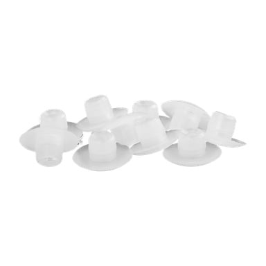 Zestaw 8 guzików Hard Head Bottom wykonanych z przezroczystego plastiku jest ułożone w luźnej stercie.