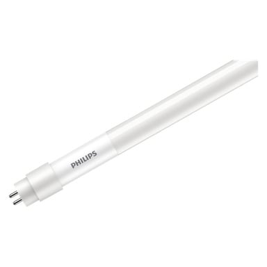 Närbild av en vit Philips Tube T5 LED-lampa, med två metallstift synliga i ena änden.
