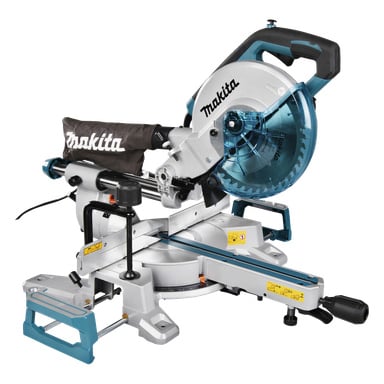 Makita LS0816F gjærsag med glidende compounddesign, støvpose, blå detaljer, sølvbunn og justerbar bladbeskyttelse.