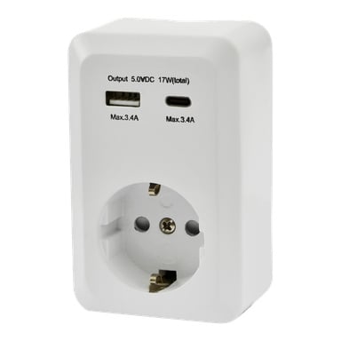 Anslut-pistorasia USB:llä sisältää valkoisen EU-adapterin, yhden USB-A- ja yhden USB-C-portin; molemmat tarjoavat jopa 3,4 A, yhteensä 17W 5V:lla.