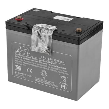 Rektangulärt åk-på-gräsklipparbatteri "Leoch LPC12-75 (12V 75AH)" med svart/grått hölje, topppoler, skruvar i påse, specifikationer utskrivna.