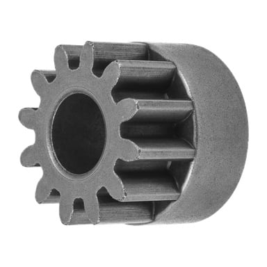 Närbild av ett bladuppsamlarhjul, metallsporre med elva tänder och ett centralt hål, sedd i en vinkel som visar dess cylindriska form.