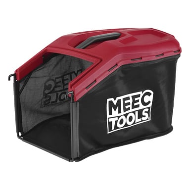 En svart grässamlare i mesh och tyg med ett rött plastlock och handtag, med MEEC TOOLS-loggan i vitt på sidan.