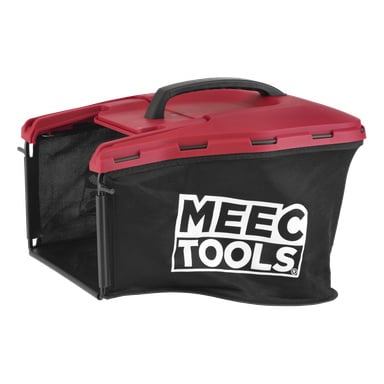 En svart och röd gräsklippare i plast och mesh med ett topphandtag, MEEC TOOLS-logga på sidan och en öppen ände.