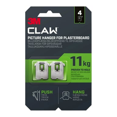 CLAW Hooks 4-pack för putsade väggar, fyra metallkrokar, stöd upp till 11 kg. Svart låda med grön och vit text, CLAW-logga.