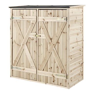 Magazyn Hard Head Wooden to zewnętrzna szopa z podwójnymi drzwiami, wzmocnieniami krzyżowymi, metalowymi zawiasami, czarnym dachem i niewykończonym drewnem.