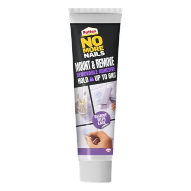 Pattex Construction lim NMN Mount & Remove tube, med bilder og tekst som viser sterk 6 kg feste og enkel avtakbarhet.