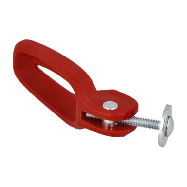 Blokada Handle to czerwona plastikowa zaciska wyposażona w uchwyt i metalowy mechanizm śrubowy.
