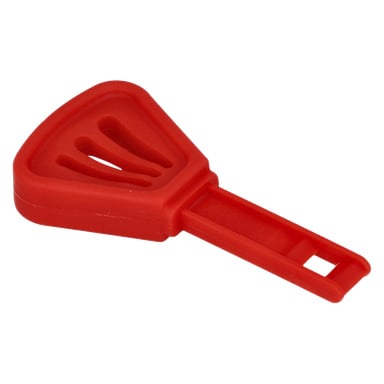 Czerwone plastikowe narzędzie oznaczone jako Key F. 016136, z trójkątną głowicą z otworem i prostokątną rączką zakończoną małym otworem.