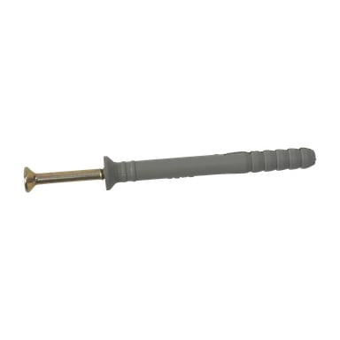En Hard Head Nail plug med en grå räfflad plastkropp, utsvängd krage och en metall försänkt skruv delvis insatt i kroppen.