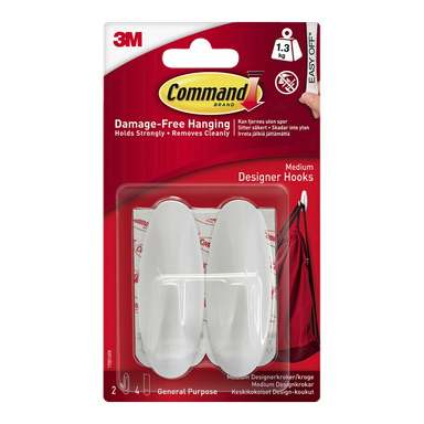 Command Self-adhesive Hooks Design 2-pakke med to hvite kroker og limstrimler i gjennomsiktig emballasje, rød og hvit merking synlig.