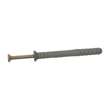 En grå plast Hard Head Spike-plugg med en guldmetallskruv delvis insatt.
