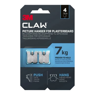 Framsidan av CLAW Hooks 4-pack för putsade väggar, med två krokar märkta "Push" och "Hang", bär upp till 7 kg, nummer 4 uppe till höger.
