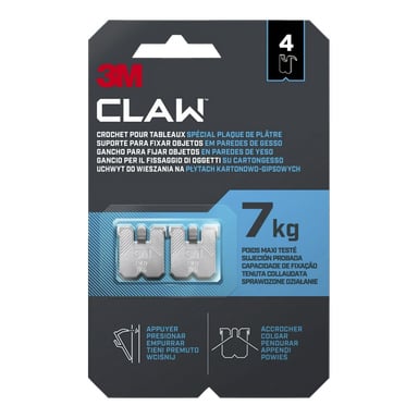 Opakowania do wisiątek płyt kartonowo-kartonowych CLAW 4-pack, pomieszczenie do 7 kg. Na froncie znajdują się dwa metalowe wieszaki, instrukcje oraz, szary i niebieski wzór.