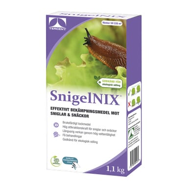 En rektangulär Tergent Slug och Snigelkontrollbox med en stor brun snigel på ett grönt blad; Förpackningen är huvudsakligen grön och vit.