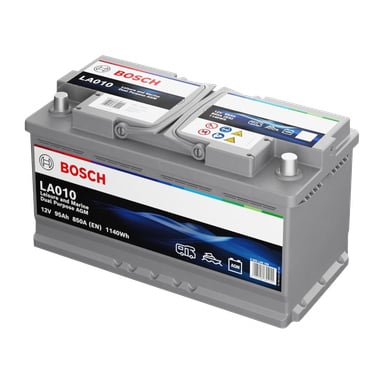 Bosch AGM fritidsbatteri LA010 vises i en vinkel med merke-, modell- og nøkkelspesifikasjoner—12V, 95Ah, 850A (EN), 1140Wh—og ikoner.