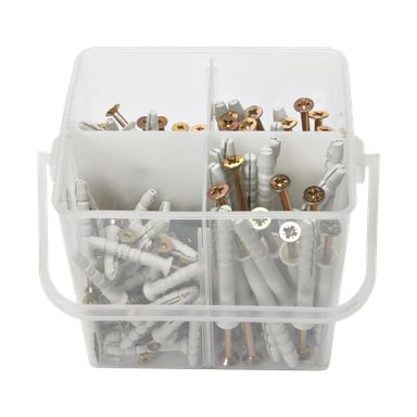 Ett Hard Head Nail Plug Set med 135 delar förvaras i en transparent plastlåda uppdelad i fyra sektioner för prydlig organisering. Inuti finns vita väggkontakter tillsammans med både guld- och silverskruvar. Lådan har handtag i varje ände för bekväm transport.