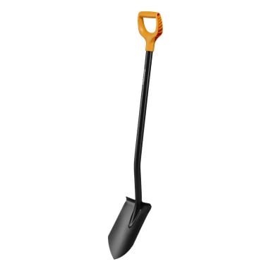 Fiskars Pointed Spade Solid är en svart trädgårdsspade med ett spetsigt blad och ett orange D-format handtag, som visas upprätt.