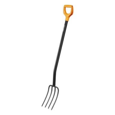 Fiskars Gardening Fork Solid har svart handtag, orange D-format grepp och fyra metallpinnar.