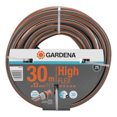 Spiralad Gardena Comfort HighFLEX trädgårdsslang, 30m x 13mm, med förpackning som visar varumärkeslogotyp, storleksdetaljer och 25 års garanti.