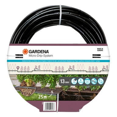 wąż kroplowy Gardena o średnicy 13 mm o średnicy 13 mm do użytku naziemnego i podziemnego; Mikro-Kroplówka oznaczona ikonami i informacjami.
