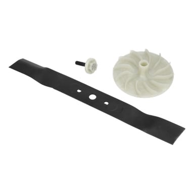 Ett gräsklipparbladkit med svart metallblad, vit plastimpeller och en liten vit bult.