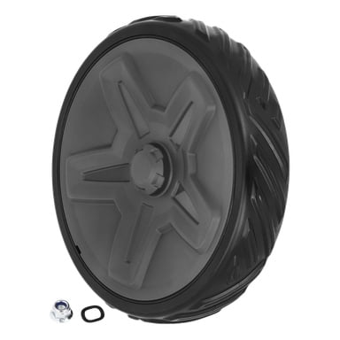 Lawn Mower Rear Wheel Kit har et svart og grått plasthjul med teksturert mønster, en metallmutter og en gummiring.