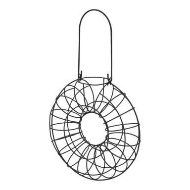 En svart metalltråd fågelmatare med rund, munkformad design och ett handtag på toppen för bekväm upphängning.