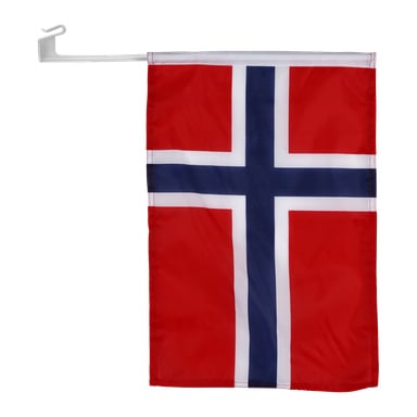 Et rektangulært rødt flagg med et blått kors innrammet i hvitt er festet til en hvit plaststang med en krok til opphengning.