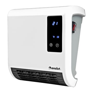 Anslut badrumsvärmare med en digital display på frontpanelen som visar 21°C, kontrollknappar, indikatorer och Anslut-märkning vid basen.