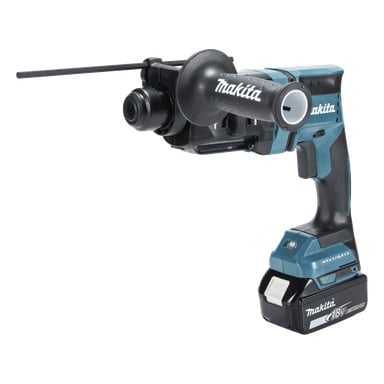 Makita HR182 bezprzewodowa bezszczotkowa wiertarka obrotowa Makita HR182 z boczną rączką, głębokomierzem i baterią.