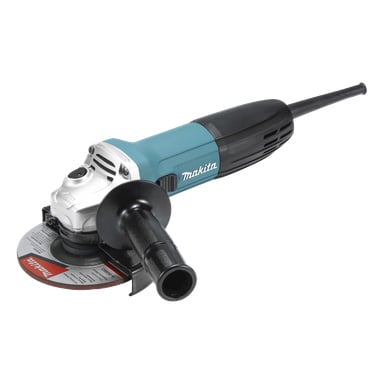Szlifierka kątowa Makita GA5030R, w kolorach niebieskim, czarnym i srebrnym z oznakowaniem, ma boczną rączkę i okrągły tarczę ścierną.