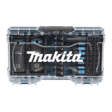 Przezroczysta plastikowa obudowa Makita E-22903 z logo Makita na pokrywie, w środku mieści różne wiertła i śruby wkrętające.