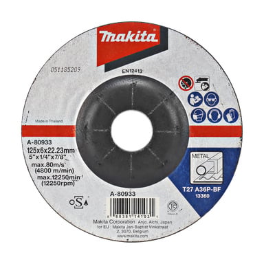 Tarcza do cięcia metalu Makita A-80933 o specyfikacjach 125x6x22,23mm, maksymalnych 80m/s, 4800 m/min, 12250 obr./min, ikonach i informacjach producenta.