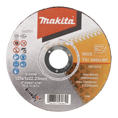 Tarcza tnąca metalu Makita E-03040, 125 x 1 x 22,23 mm, oznaczona ikonami bezpieczeństwa i specyfikacjami (maksymalnie 80 m/s, 12 250 RPM).
