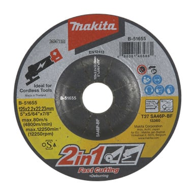 Dysk Makita B-51655, oznaczony jako 2 w 1 Fast Cutting & Deburring, 125x2,2x22,23mm, maksymalna prędkość 12 250 RPM, pokazywane ikony certyfikacyjne.