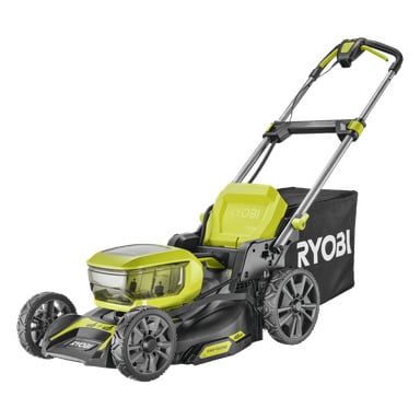 Ryobi One+ RY18LMX46A-0 Akku-Rasenmäher mit grün/schwarzem Gehäuse, großen Hinterrädern, verstellbarem Griff und gebrandetem Grasbeutel.