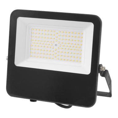 Ein Anslut LED-Flutlicht mit schwarzem rechteckigem Gehäuse, weißem LED-Panel und einer Metallhalterung auf der rechten Seite.