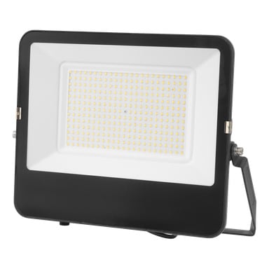 Anslut LED-flomlys med rektangulær svart ramme, justerbar brakett og et hvitt rutenettpanel med flere små LED-er.