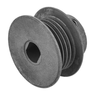 Nærbilde av Pulley-snøfreseren fremhever metallhjulet, med et sekskantet senter og flere spor for mekanikk.