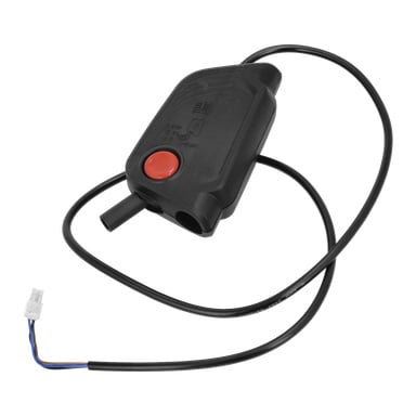 Switch-snöslungan är en svart elektronisk enhet med plasthölje, röd knapp, vit kontaktkabel och kort sidorör.
