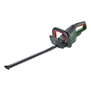 Bosch Power 4 All UniversalHedgeCut 18V-55 sladdlösa häcksax har svart blad, grön-svart kaross, röda detaljer och ergonomiskt handtag.